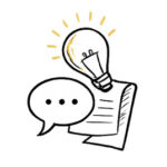 Outline symbols representing a conversation bubble, a lightbulb, and a paper.