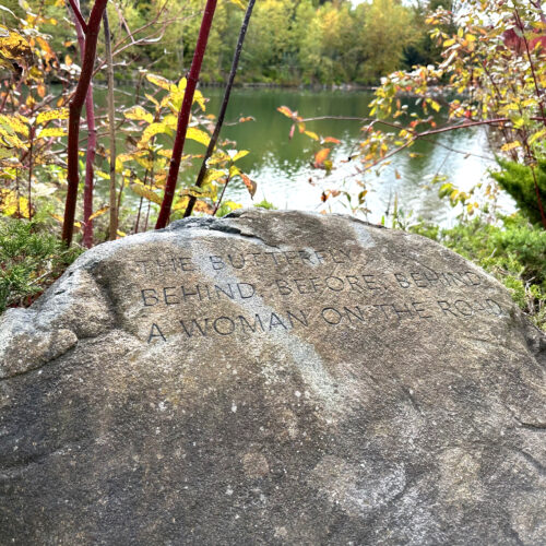 Medium shot of a granite boulder with carvings in the foreground, a beautiful pond sits in the background.