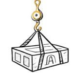 Outline symbol representing a pulley system picking up a wooden crate.