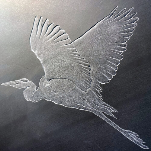 Blue heron carved in relief on a black slate.