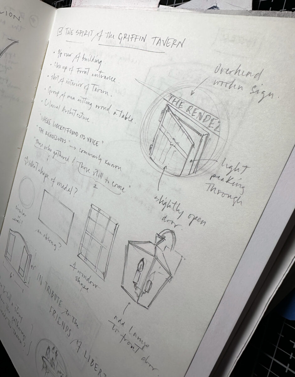 fragment of a sketchbook page. List wording and ideas for a bronze medallion.