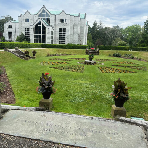 A wide shot of the Salve Regina University, stone steps into the Rose Garden were carved directly onto the steps.