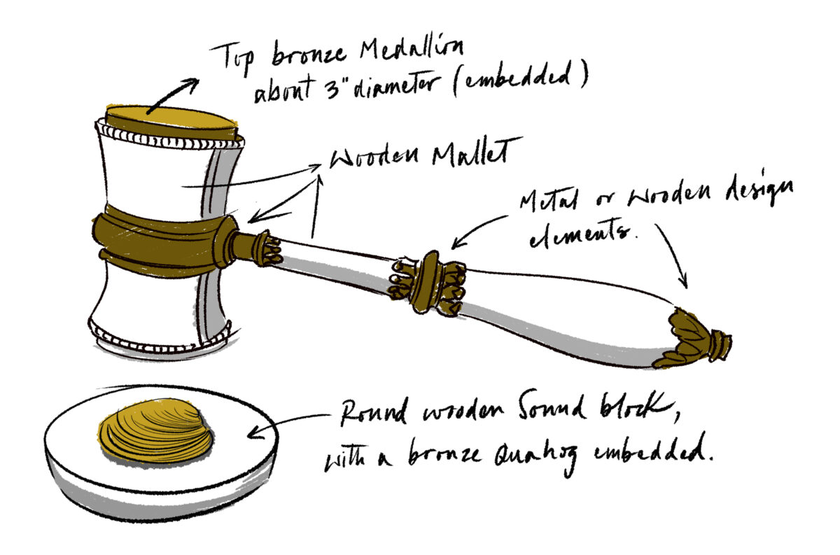 Image of early digital sketches of the gavel set. 