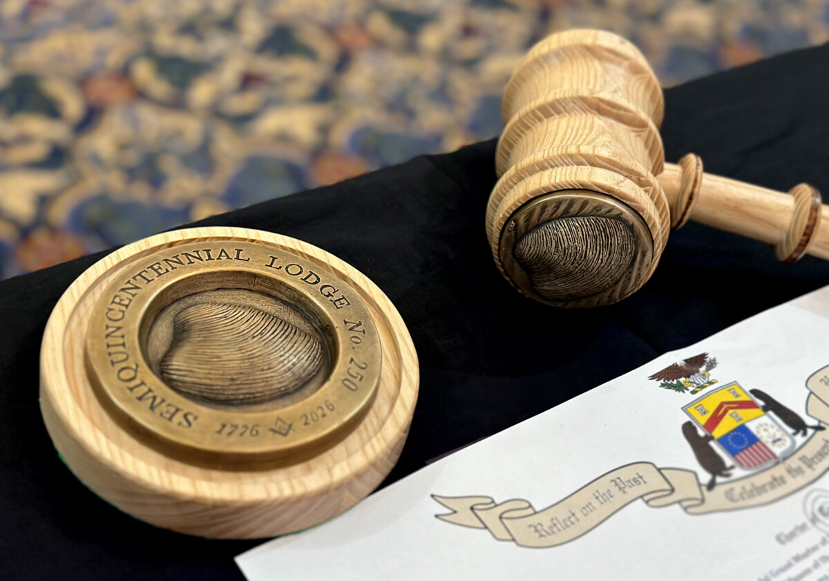 Image of the complete Masonic Gavel Set with bronze top crown embedded on the wooden gavel and bronze sticker. 